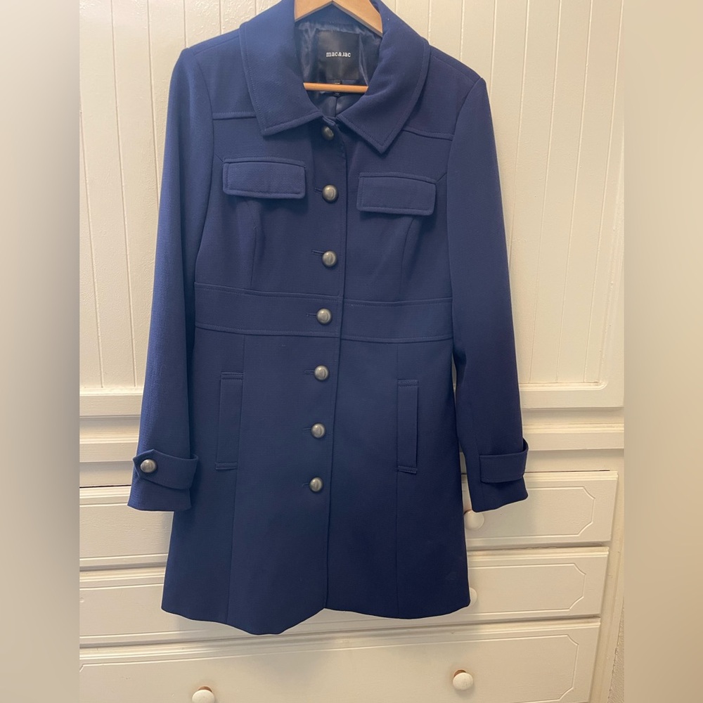 Navy Blue Women's Coat Sz L with Gold buttons fully lined Mac & Jac